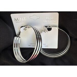 Mint 14KT White & Gold Plated 2" Silver Tone Hoop Earrings Hypo Allergenic NEW